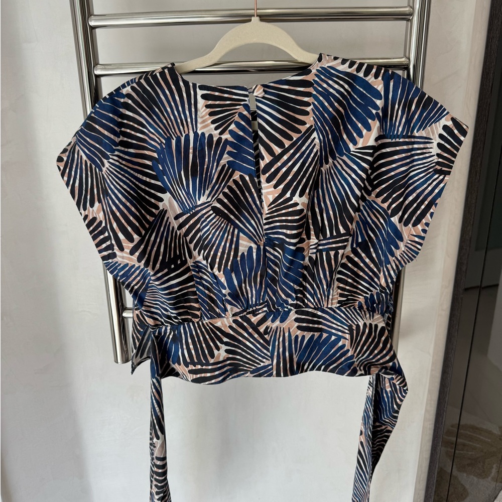Cara Cara Blue, Black & Cream Printed Tie-Waist Blouse